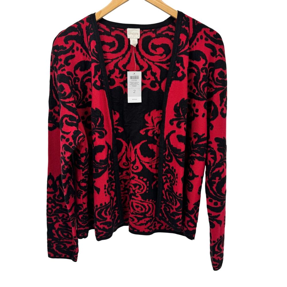 Chico's Sweater Womens Large Red Black Jacquard‎ Knit Veera Open Cardigan NEW